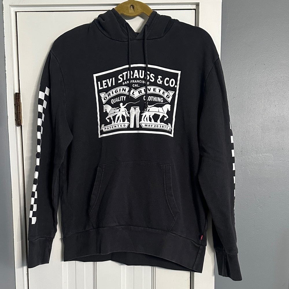 Levi's Two Horse Logo Pullover Hoodie Black Checkerboard Sleeves Size M